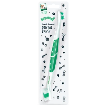 Bugalugs doppelseitige Zahnbürste für Hunde und Katzen in grün-weißer Verpackung mit haustierbezogenen Illustrationen.
