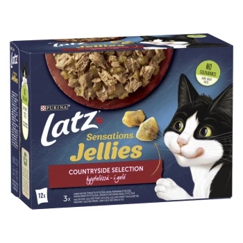 Die Verpackung von Latz Sensations Jellies Countryside Selection Katzenfutter zeigt eine schwarz-weiße Katze, Gelee-Futter und den Text "Keine Farbstoffe".