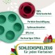 Grünes Silikon-Schlecktablett mit 6 Mulden und rotem Gummiball mit deutschem Text 'SCHLECKSPIELZEUG für jeden Vierbeiner'.