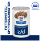 Hill's Prescription Diet z/d Dosenfutter für Haustiere, mit einer Nahaufnahme der Futtertextur, mit dem Text "FUTTERMITTEL-EMPFINDLICHKEITEN" an der Seite.