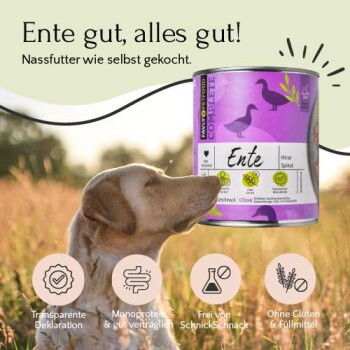 Ein Hund schaut auf eine Dose 'Ente' Haustierfutter, das Hirse, Spinat und Ansprüche auf Transparenz, hypoallergen und glutenfrei hervorhebt.