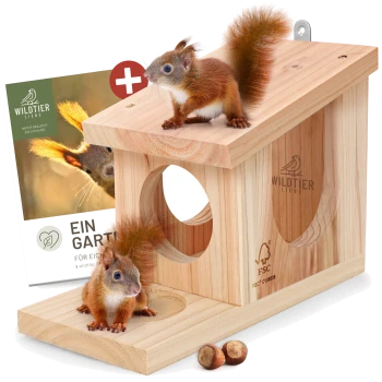 Ein Holz-Eichhörnchenhaus mit zwei Eichhörnchen – eines oben und eines am Eingang – mit einer Produktkarte, die sagt: "Ein Garten für Eichhörnchen."