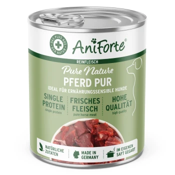 Dosen-Hundefutter mit der Aufschrift "AniForte Pure Nature Pferd Pur", mit frischem Pferdefleisch, einer Proteinquelle und hoher Qualität, hergestellt in Deutschland.