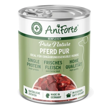 Dosen-Hundefutter mit der Aufschrift "AniForte Pure Nature Pferd Pur", mit frischem Pferdefleisch, einer Proteinquelle und hoher Qualität, hergestellt in Deutschland.
