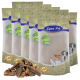 Lyra Pet natürliche Hundeleckerlis in versiegelten Tüten mit einem grünen "100% natürlich"-Label und Bildern von glücklichen Hunden, plus einem Haufen Leckerlis davor.