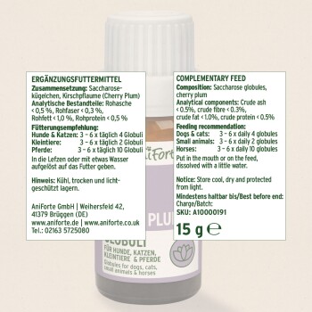 Bernsteinflasche mit weißem Deckel, aus der kleine weiße Perlen herausfallen. Text: "Rein natürliche Mischung nach Dr. Bach" und "Purely natural mixture."