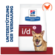 Hill's Prescription Diet i/d Hundefutterbeutel mit einem lächelnden Hund, mit dem Text 'UNTERSTÜTZUNG DER VERDAUUNG' auf der linken Seite.