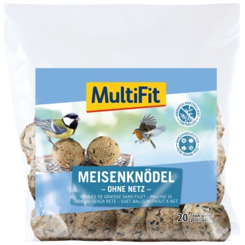 A clear plastic bag containing 20 suet balls labeled "MultiFit Meisenknödel - ohne Netz" with images of a great tit and a robin.