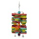 Buntes Holzspielzeug für Vögel mit gestapelten Blöcken und Perlen, mit zwei kleinen Glocken am Boden, entworfen für Haustier-Vögel.