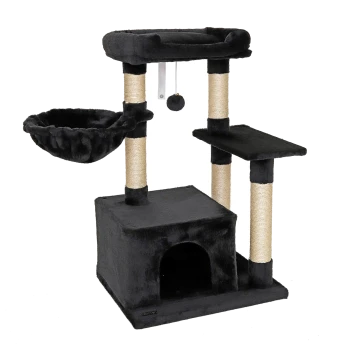 Schwarzer Katzenbaum mit mehreren Ebenen, einer gemütlichen Hängematte, Kratzpfosten und einem kleinen Versteck an der Basis.