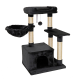 Schwarzer Katzenbaum mit mehreren Ebenen, einer gemütlichen Hängematte, Kratzpfosten und einem kleinen Versteck an der Basis.