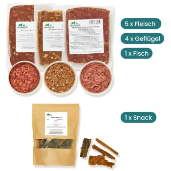 Bild von Haustierfutterprodukten, einschließlich fünf Paketen Fleisch, vier von Geflügel, einem von Fisch und einer Snacktüte mit getrockneten Leckereien.