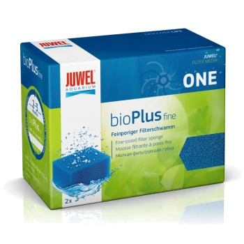 Blaue Filterschaumverpackung von Juwel Aquarium, beschriftet mit 'bioPlus fine', mit Text in mehreren Sprachen und einem Bild des Schwamms.