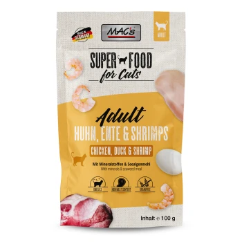 Verpackung von MAC's Super Food für Katzen mit "Adult Huhn, Ente & Shrimps" (Huhn, Ente & Garnele) mit aufgeführten Hauptvorteilen.