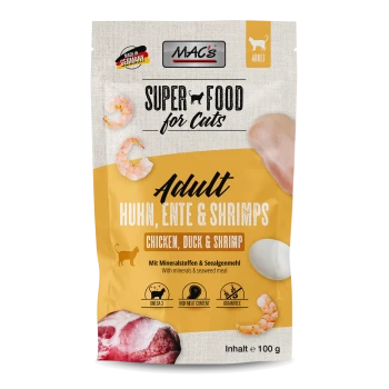 Verpackung von MAC's Super Food für Katzen mit "Adult Huhn, Ente & Shrimps" (Huhn, Ente & Garnele) mit aufgeführten Hauptvorteilen.