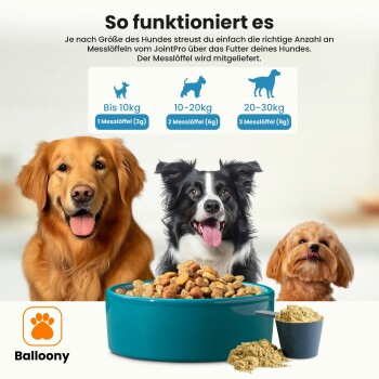 Zwei Hunde neben einer Hundenapf und einer Schaufel. Dosierung: bis zu 10kg - 1 Schaufel, 10-20kg - 2 Schaufeln, 20-30kg - 3 Schaufeln.