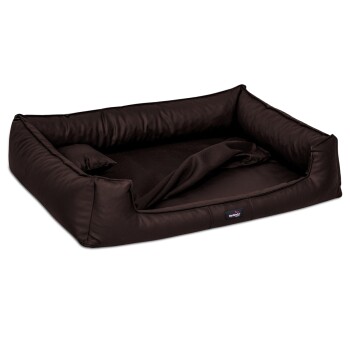 Braunes rechteckiges Haustierbett mit erhöhten Kanten und einem weichen Innenraum, mit einem kleinen Etikett auf der Vorderseite.