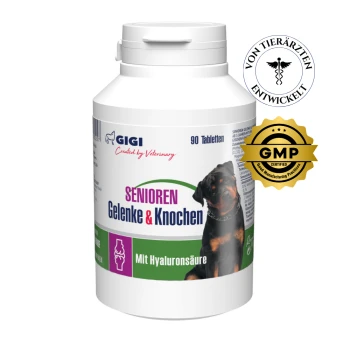Flasche mit GIGI Senioren-Gelenk- und Knochen-Tabletten für Hunde, mit einem Bild eines Rottweilers, 90 Tabletten und GMP-Zertifizierungslogo.