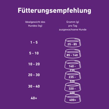Fütterungsempfehlungstabelle für Hunde mit Idealgewicht in kg und täglicher Futtermenge in Gramm für ausgewachsene Hunde auf lila Hintergrund.