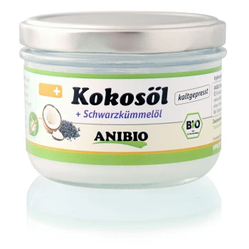 Ein Glasbehälter mit ANIBIO Kokosöl mit Schwarzkümmelöl, beschriftet mit "Kokosöl + Schwarzkümmelöl," mit einem grünen und weißen Design.