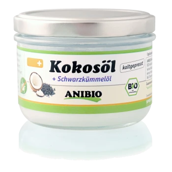 Ein Glasbehälter mit ANIBIO Kokosöl mit Schwarzkümmelöl, beschriftet mit "Kokosöl + Schwarzkümmelöl," mit einem grünen und weißen Design.