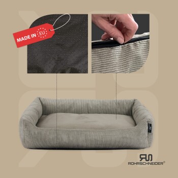Haustierbett mit einem weichen, gestreiften Design, mit einer Nahaufnahme des Stoffes und des Reißverschlusses. Etikett liest "MADE IN EU." Logo: ROHRSCHNEIDER.