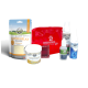 Haustierpflegeprodukte: "Gastro Relax Powder," "Pfotenschutz" Glas, rotes "Reiseapotheke" Erste-Hilfe-Set, plus verschiedene Sprays und Behandlungen.