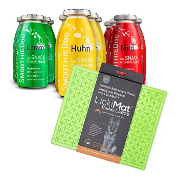 Vier bunte Gläser mit SmoothieDog-Snacks, beschriftet mit "Huhn", "Lamm" und "Rind", neben einer grünen LickiMat Buddy LARGE für Hunde.