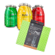 Vier bunte Gläser mit SmoothieDog-Snacks, beschriftet mit "Huhn", "Lamm" und "Rind", neben einer grünen LickiMat Buddy LARGE für Hunde.