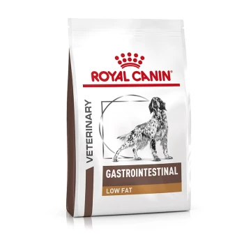 Tüte Royal Canin Veterinary Gastrointestinal Low Fat Hundefutter mit einer Silhouette eines Hundes und dem Markensymbol oben.