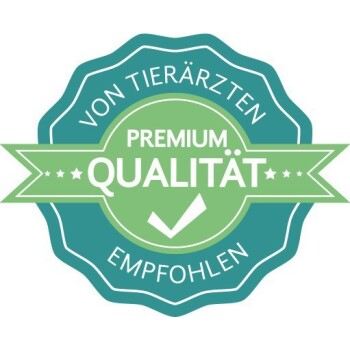 Siegel der Genehmigung mit dem Text "Von Tierärzten empfohlen" und "Premium Qualität" mit einem Häkchen, das auf hochwertige Haustierprodukte hinweist.