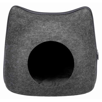 Gray felt cat cave pet bed with round front entrance, zippered side seam and inner cushion