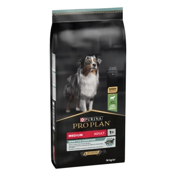 Adult Medium Sensitive Digestion Lamm 14 kg Purina Pro Plan 14 kg mittelgroßer Hundefutterbeutel in Schwarz und Gold, beschriftet mit 'Hoher Proteingehalt' und 'Empfindliche Verdauung,' mit einem Hundebild.