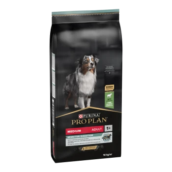 Purina Pro Plan 14 kg mittelgroßer Hundefutterbeutel in Schwarz und Gold, beschriftet mit 'Hoher Proteingehalt' und 'Empfindliche Verdauung,' mit einem Hundebild.