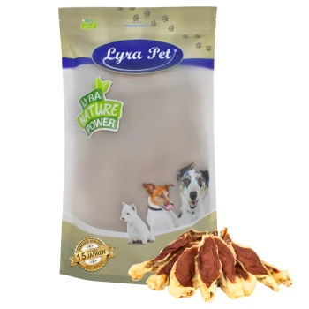 Lyra Pet Hundeleckerlis Verpackung mit einem hellen Beutel, der Bilder eines Hundes, einer Katze und eines Welpen zeigt, beschriftet mit "Lyra Nature Power."