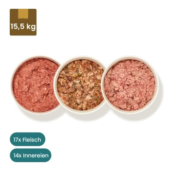 Bild von Haustierfutterverpackungen mit verschiedenen Fleisch- und Gemüse-Mischungen. Der Text enthält '22 x Fleisch & Innereien, 4 x Truthahn, 4 x Rind & Gemüse.'