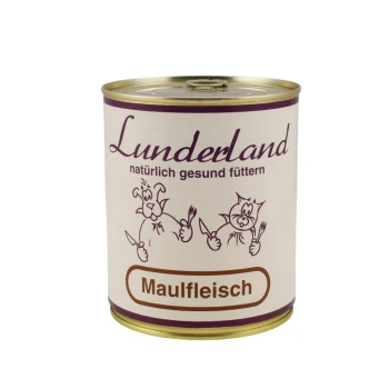 Dose Lunderland-Hundefutter mit der Aufschrift "Maulfleisch", mit Cartoon-Hunden und -Katzen, die Utensilien halten, und dem Text "natürlich gesund füttern."
