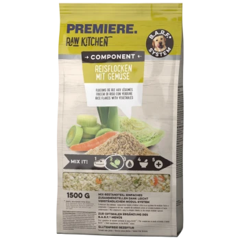 Verpackung von Premiere Raw Kitchen Reisflocken mit Gemüse, die Bilder von Gemüse und Reis zeigt, beschriftet in mehreren Sprachen.