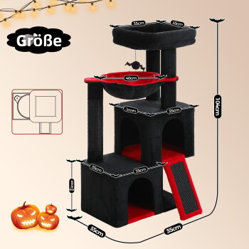 Schwarz-roter mehrstufiger Katzenbaum mit zwei Katzen, eine orange liegt auf der oberen Hängematte, eine graue klettert an einem Pfosten.