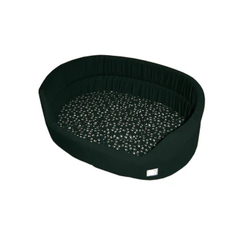 Schwarzes Haustierbett mit einem gepolsterten Innenraum, der ein florales Muster aufweist, entworfen für Komfort und Stil.