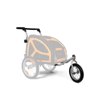 Ein Haustierbuggy mit einem schwarz-orangen Design, ausgestattet mit einem Netzgehäuse, drei Rädern und einem Lenker, ideal zum Transport von Haustieren.