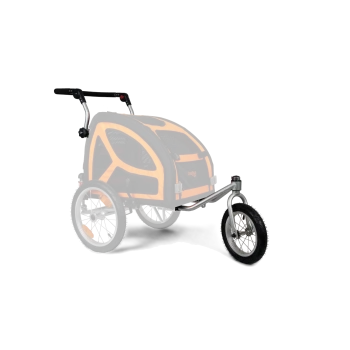 Ein Haustierbuggy mit einem schwarz-orangen Design, ausgestattet mit einem Netzgehäuse, drei Rädern und einem Lenker, ideal zum Transport von Haustieren.