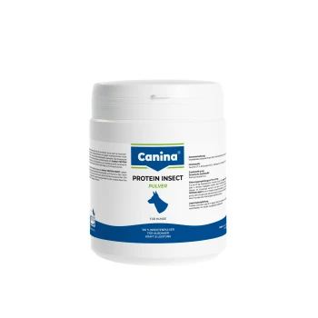 Weiße Dose mit Canina Protein Insect Pulver für Hunde, blaues Etikett mit Hundesilhouette und der Aufschrift "Protein Insect Pulver".