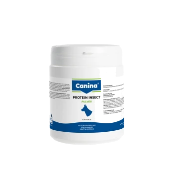 Weiße Dose mit Canina Protein Insect Pulver für Hunde, blaues Etikett mit Hundesilhouette und der Aufschrift "Protein Insect Pulver".