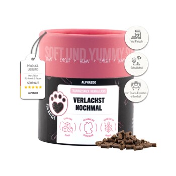 Weiche und leckere Trainingssnacks für Katzen, mit Huhn und Lachs, in einem pinken und schwarzen Behälter mit Pfotenabdruckdesign.