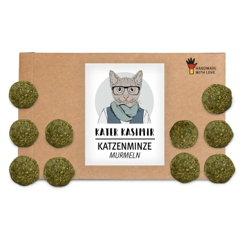 Pappverpackung mit einer Cartoon-Katze in Brille und Schal, beschriftet mit "KATER KASIMIR KATZENMINZE MURMELN," und grünen Katzenminzbällen.