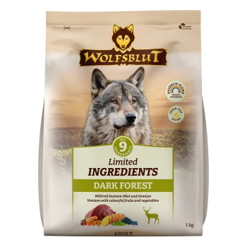 Wolfsblut Dark Forest Hundefutterbeutel, mit einem Wolf-Logo, "Begrenzte Zutaten"-Etikett und Details über Wild mit Früchten und Gemüse.