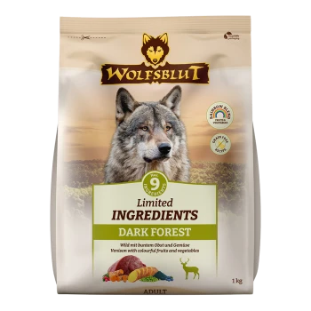 Wolfsblut Dark Forest Hundefutterbeutel, mit einem Wolf-Logo, "Begrenzte Zutaten"-Etikett und Details über Wild mit Früchten und Gemüse.