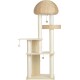Beiger mehrstöckiger Katzenbaum mit Sisal-umwickelten Pfosten, geflochtenem pilzförmigem Oberteil und hängenden Pompon-Spielzeugen.