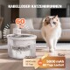 Kabelloser Katzenbrunnen auf dem Boden mit Katze; Text 'KABELLOSER KATZENBRUNNEN, 60 Tage, 5000 mAh Laufzeit'.